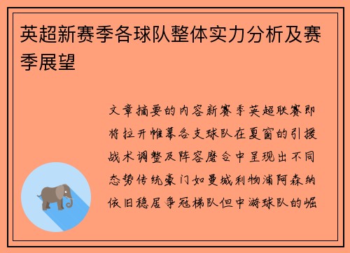 英超新赛季各球队整体实力分析及赛季展望
